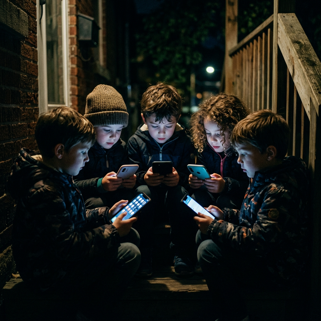 Children sitting in the dark holding smartphones, faces lit by the screens